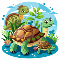 Obraz premium Three Cartoon Turtles in a Lush Meadow Landscape