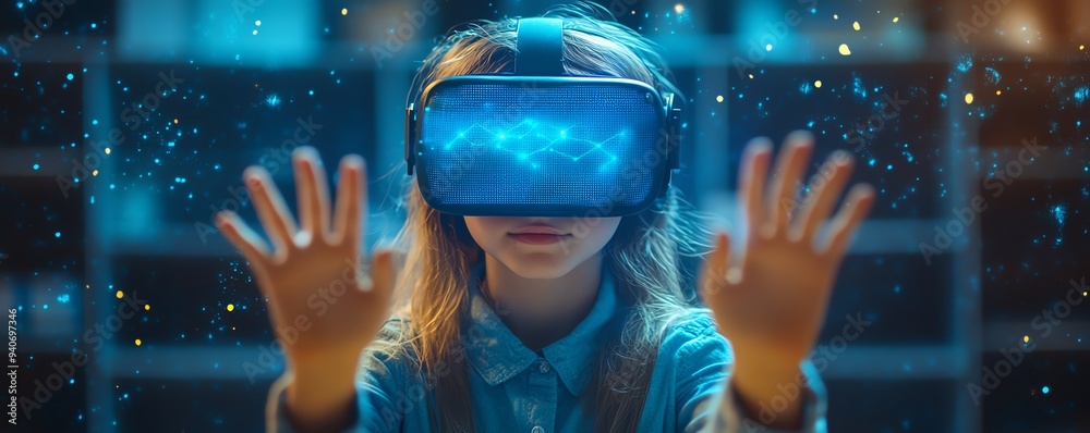 Poster School student in a classroom using VR headset for AI and machine learning applications, showcasing interactive technology and innovation with a blue AI hologram
