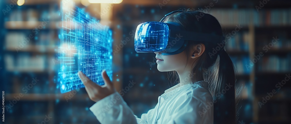 Poster School student using a VR headset with AI artificial intelligence technology and machine learning in an interactive classroom setting