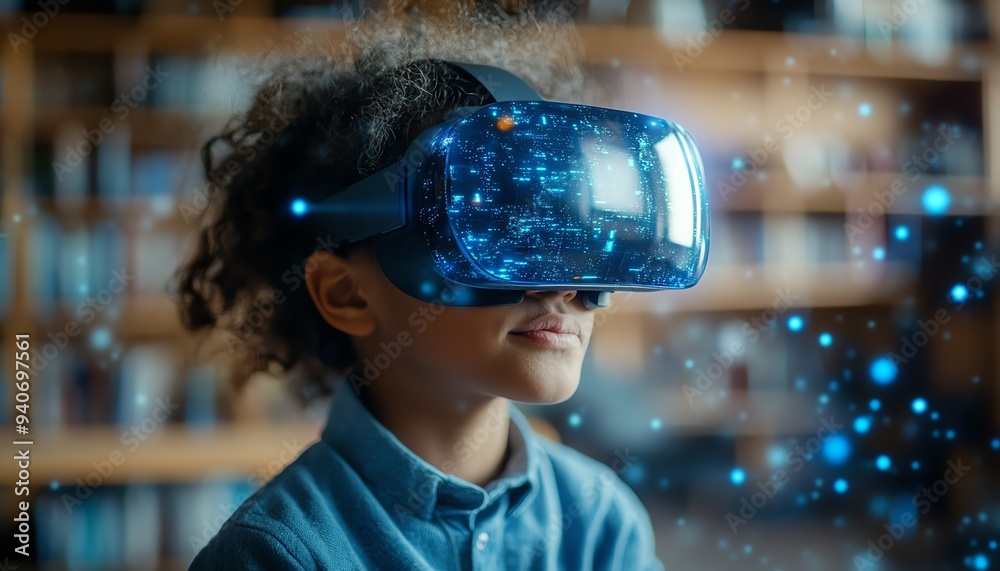 Aufkleber School student using VR technology in the classroom, engaging with AI artificial intelligence and machine learning, showcasing interactive innovation and a blue hologram