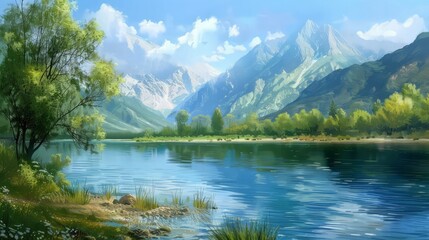 the view on the river bank with beautiful mountains