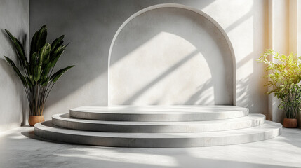 Fototapeta premium A minimalist podium set against a plain background, perfect for showcasing luxury products with a focus on simplicity and sophistication.