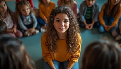 Fototapeta premium Young female therapist listening to children sitting in a circle during a school support group meeting, high angle view