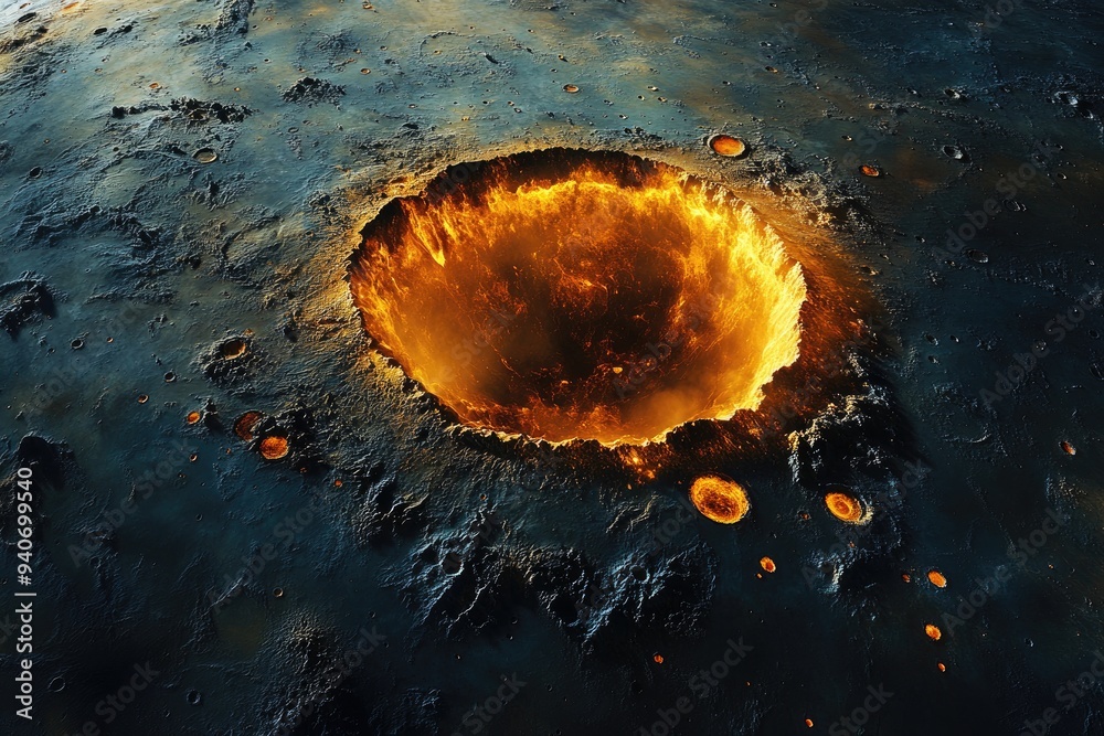 Poster Fiery Crater on a Dark, Rocky Planet Surface