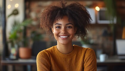 Fototapeta premium Young woman enjoying a virtual team meeting call, demonstrating remote work and flexible culture concept with a happy demeanor and modern homeoffice setting