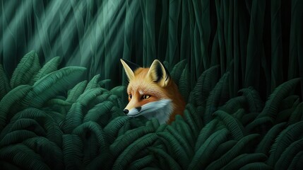 A fox peeking out from a thicket of ferns in a dense forest, with beams of sunlight breaking through the canopy, soft and natural colors