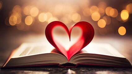 A romantic book with a heart-shaped page, symbolizing love and passion with a blurred background of warm lights.