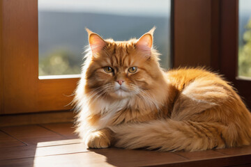 A cat with long fur is laying on a wooden floor