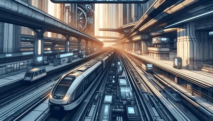 a futuristic rail system with sleek, modern trains and digital signage