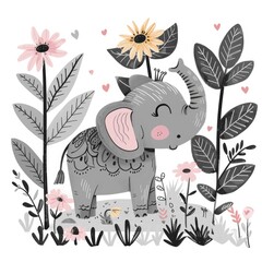 Adorable elephant in a cartoon style, holding a bouquet of sunflowers with its trunk, surrounded by lush tropical foliage, showcasing a vibrant and cute design.