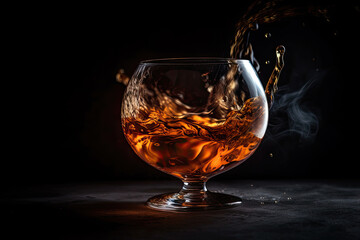 Brandy Splashing on Glass with Fire Flames and a Smoky, Moody Background Creating a Dramatic and Inviting Atmosphere Ideal for Beverage Photography and Cocktail Art
