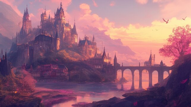A majestic castle perched atop a mountain, overlooking a bridge and river, with a vibrant pink sunset sky.