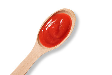 Wooden spoon with tomato ketchup on white background