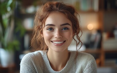 Obraz premium Cheerful young woman on a virtual video call for remote work, emphasizing flexibility and a positive work culture with a professional homeoffice background
