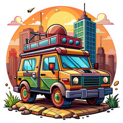 A Colorful Van Driving Through A Cartoon Cityscape at Sunset