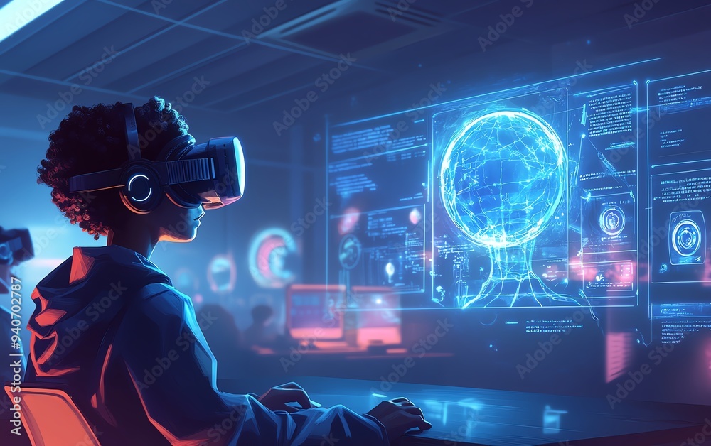 Poster classroom innovation featuring a school student wearing a vr headset, interacting with ai technology
