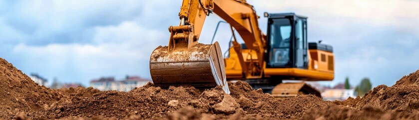 Fototapeta premium Heavy equipment excavator at a construction site moving earth and dirt under a cloudy sky. Ideal for industry and machinery themes.