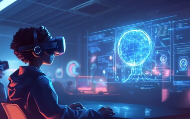 Classroom innovation featuring a school student wearing a VR headset, interacting with AI technology and machine learning, with a blue AI hologram and smart tech elements