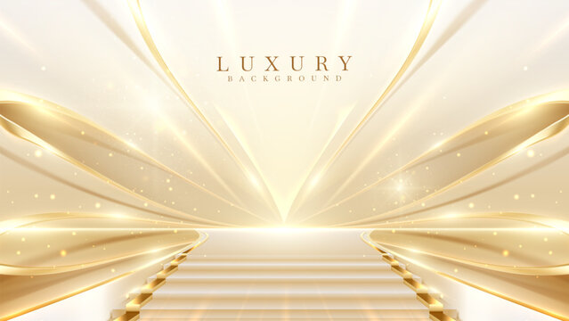 Elegant Gold Stage Scene with Glitter Light Effects, Decorations, and Bokeh. Luxury Stairs Background Design.