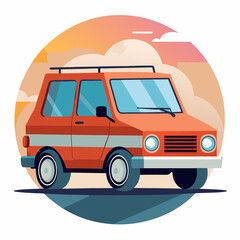 Orange Retro Car Against a Sunset Backdrop