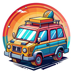 Colorful Cartoon Van with Rooftop Luggage and a Sunset Background