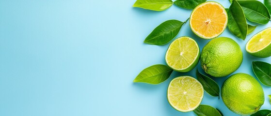  A backdrop of blue showcases a collection of limes and their leaves, reserved for text or imagery insertion