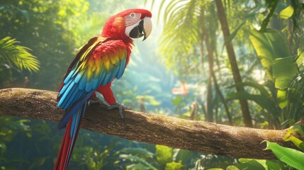 Obraz premium A Scarlet Macaw perches on a tree branch in a lush jungle setting.