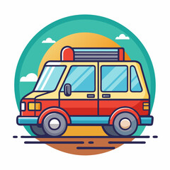 Cartoon illustration of a red van driving on a road with a sun and clouds in the background