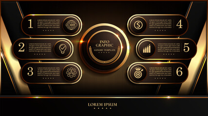 business luxury infographic templates, gold black color, flow chart data visualization for abstract background template 6 steps options.