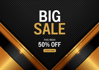 big sale 50 percent off black gold background, social media content banner template, artwork for marketing department stores, ad or product brand, sales promotion.