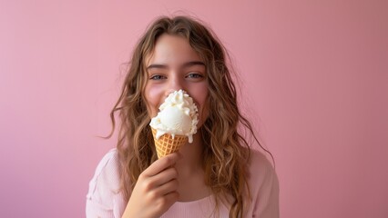 Hübsche Frau leckt an Softeis und strahlt eine sinnliche Stimmung aus