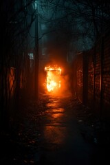 Naklejka premium Burning Doorway in a Dark Alleyway