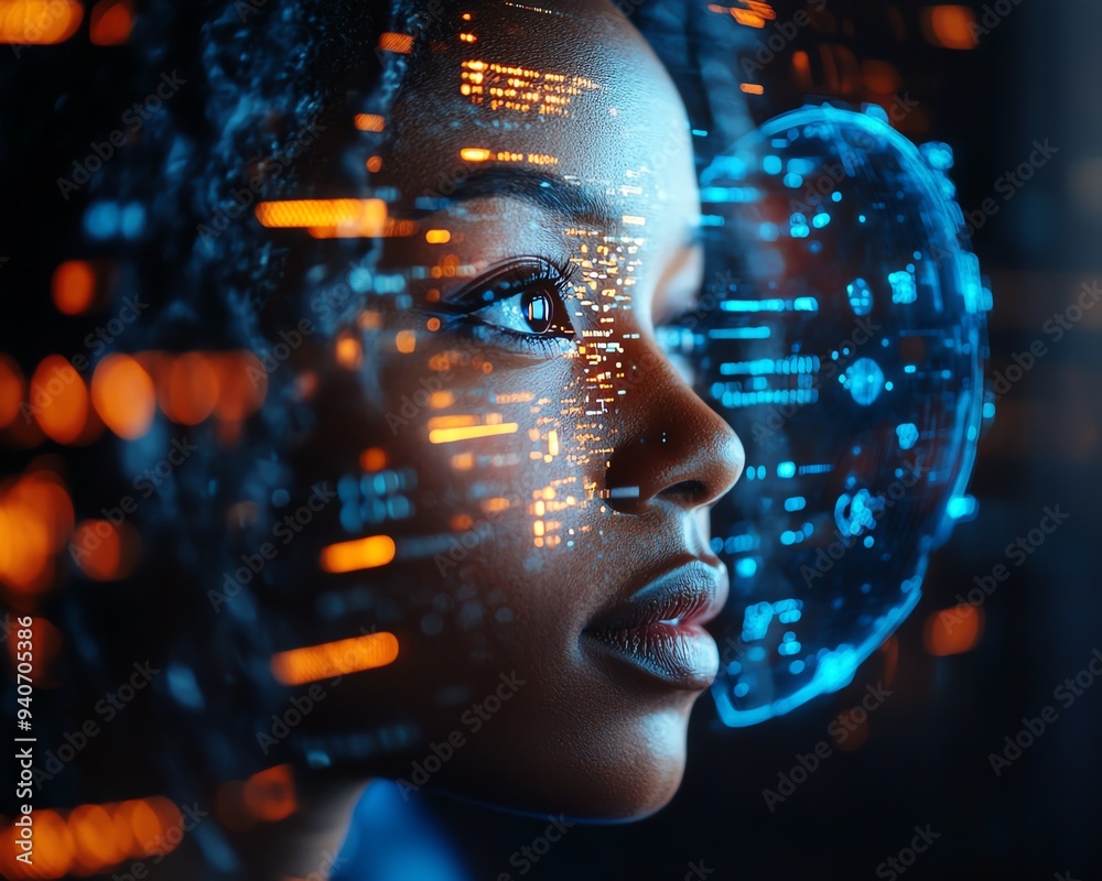 Aufkleber female african american it specialist in a hightech environment analyzing futuristic holographic dat