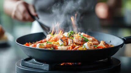 A vibrant paella with flames beneath, showcasing the sizzling seafood and rich colors.