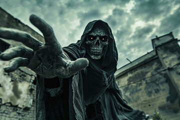 Scary grim reaper with scythe in hell on dark background with dramatic background