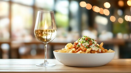 Poutine with a lit candle nearby, creating a cozy and intimate dining experience.