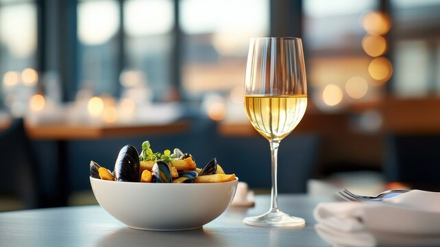 Moules-frites with a lit candle nearby, creating a cozy and intimate dining atmosphere.