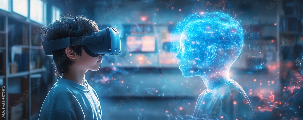 Poster futuristic classroom with a school student wearing a vr headset, engaged in ai technology and machin