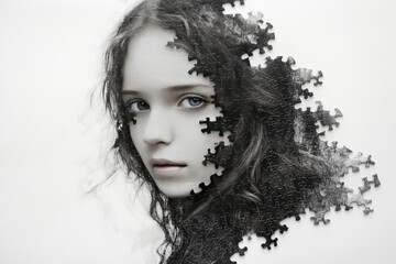 A monochrome portrait of a young woman with puzzle pieces forming her face symbolizing the fragmentation of identity the challenges of thought and the process of self discovery