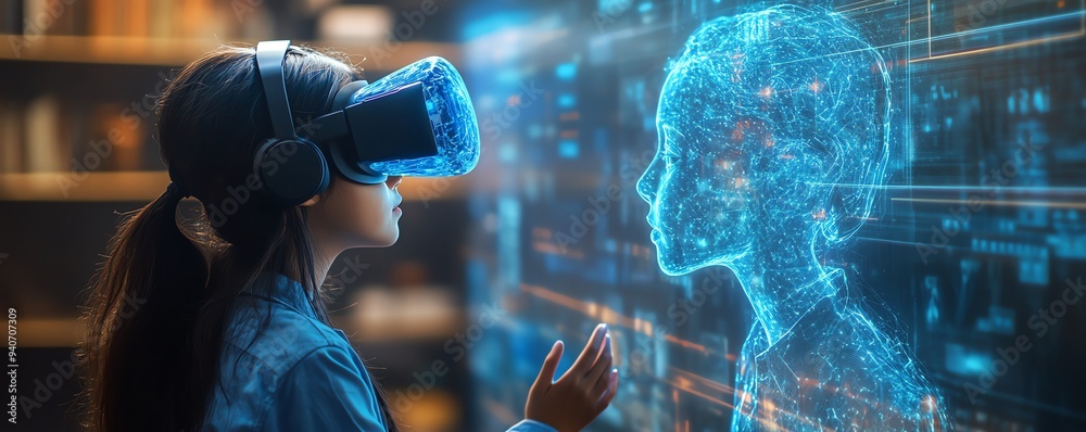 Poster interactive classroom scene with a school student wearing a vr headset