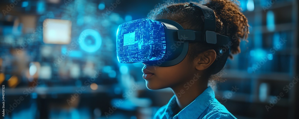 Poster interactive classroom scene with a school student wearing a vr headset