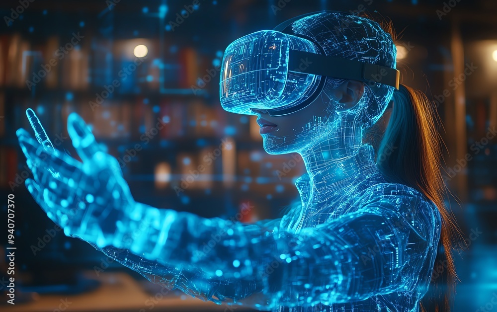Poster Interactive education scene with a student wearing a VR headset, utilizing AI and machine learning technology in the classroom, with a futuristic blue AI hologram