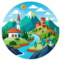 A Picturesque Village Nestled Among Majestic Mountains and a Winding River