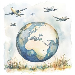 Naklejka premium A watercolor depiction of the Earth with airplanes flying around, symbolizing travel, exploration, and global connectivity.