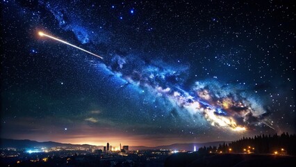 Beautiful Meteor shower in the dark sky at night background, Shiny of shooting star from space,...