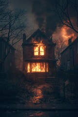 A Brick House Engulfed in Flames with Windows Blazing