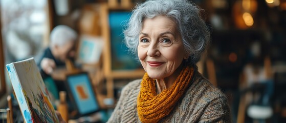 Fototapeta premium Portrait of an elderly woman painting on an easel in an art studio, surrounded by other seniors enjoying their artistic hobbies in a retirement home