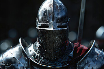 Fototapeta premium A fantastic royal knight in armor guards the castle chambers