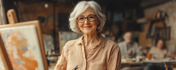 Fototapeta premium Portrait of an elegant senior woman painting on an easel in an art studio, with a group of elderly people enjoying their creative hobby in a retirement home