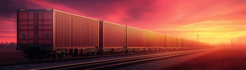 Obraz premium A stunning sunset illuminating a long freight train parked on tracks, showcasing vibrant colors in the sky and tranquil scenery.